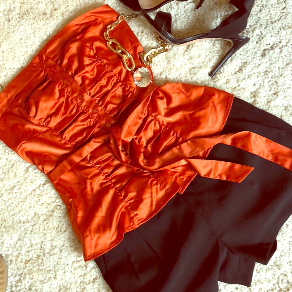 Strapless silky satin orange top